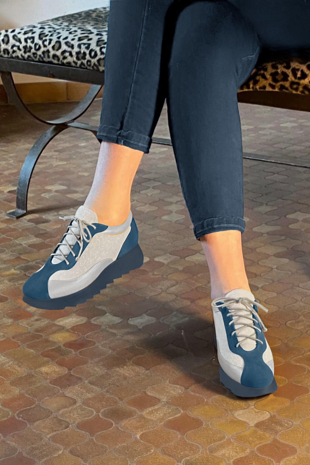 Peacock blue and light silver women's two-tone elegant sneakers. Round toe. Low rubber soles. Worn view - Florence KOOIJMAN